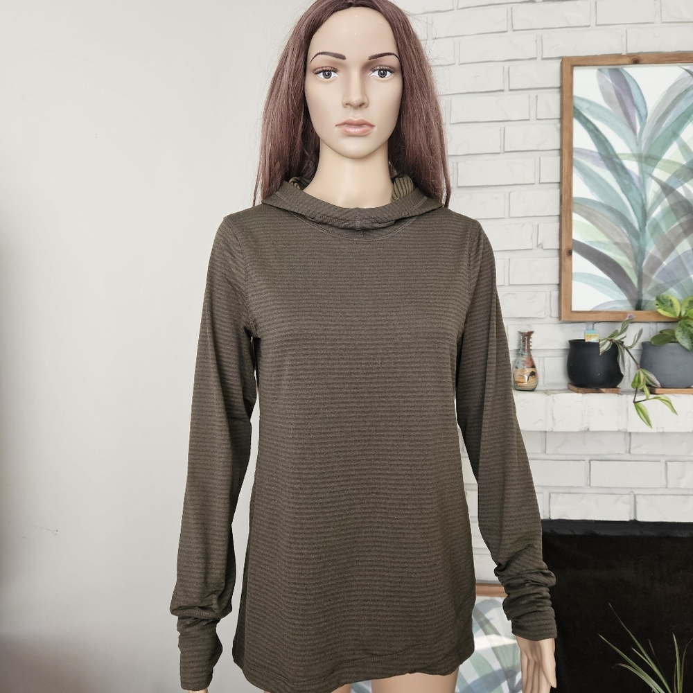 Eddie Bauer green striped hoodie pullover sweatshirt long line tulip hem